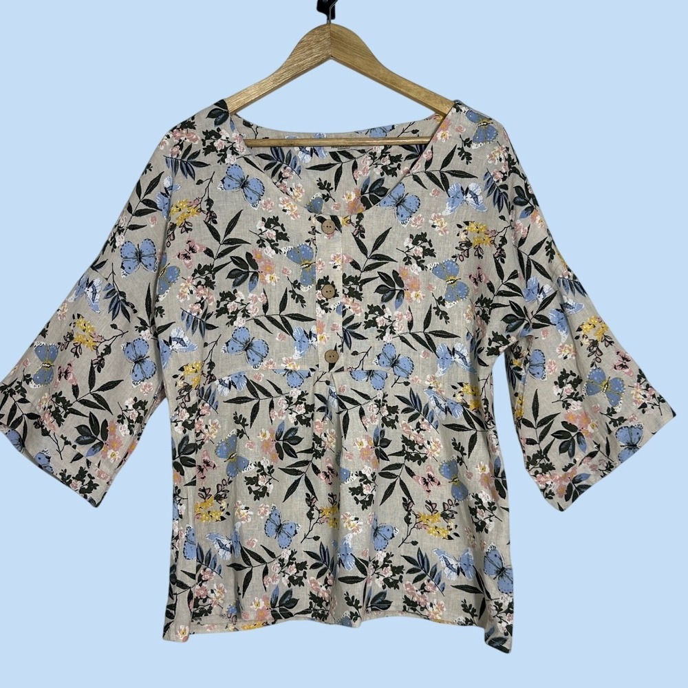 Laura Bianchi Blouse 100% Linen Womens Med Beige Butterfly Floral Made in Italy